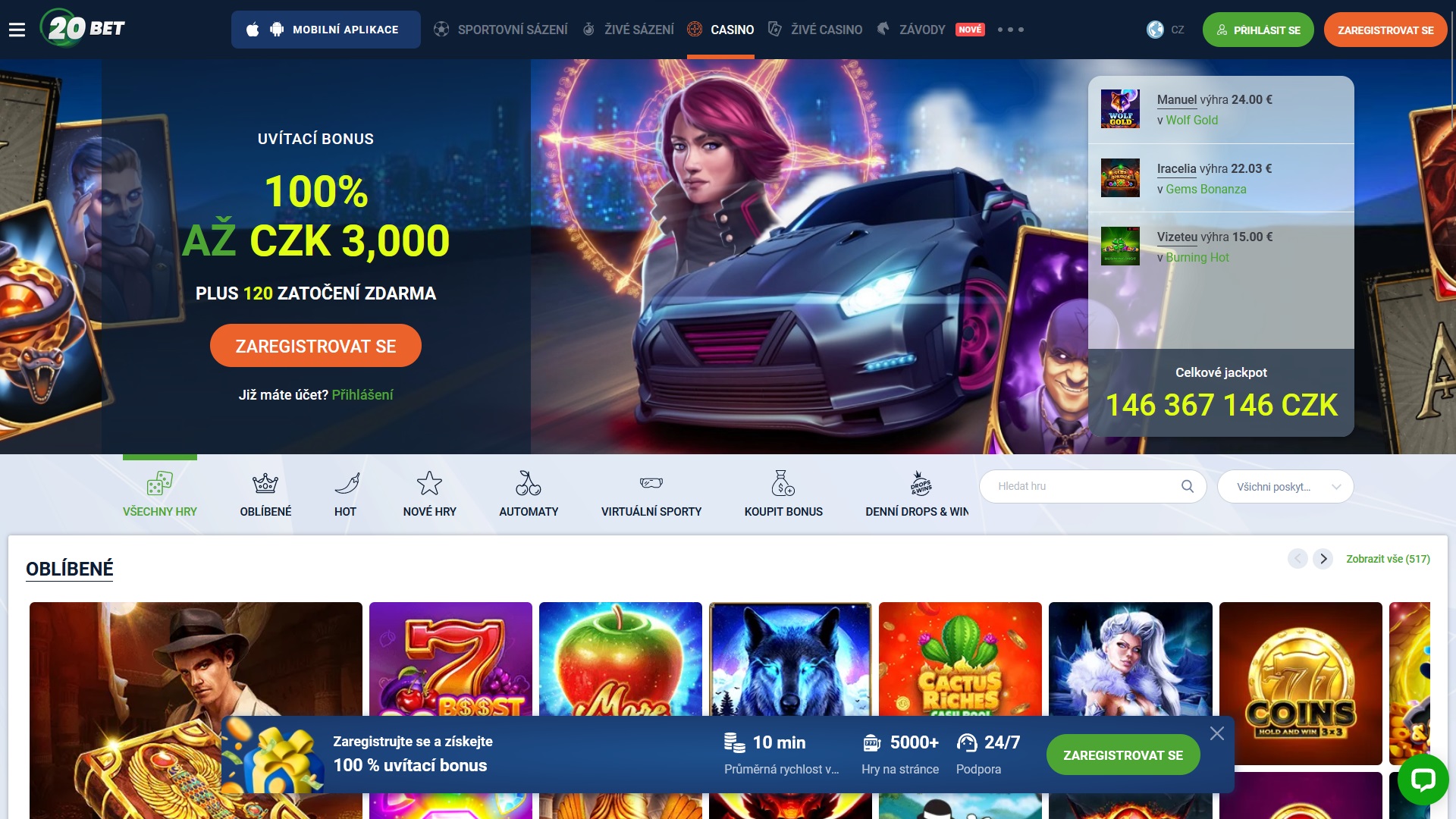 Náhled webových stránek online casina 20BET