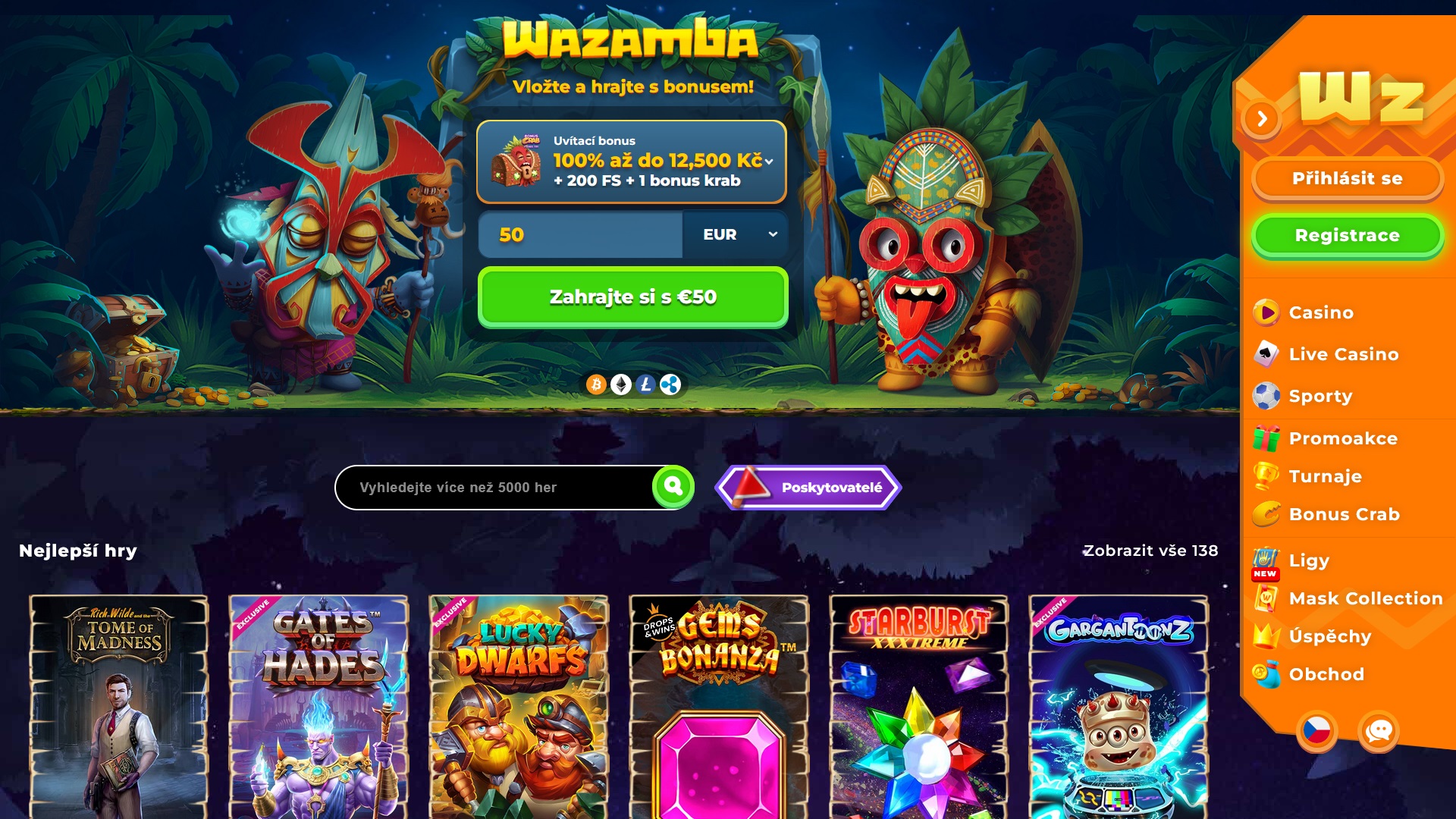 Náhled webových stránek online casina Wazamba