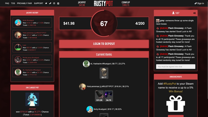 Webseite der Glücksspielplattform RustyPot