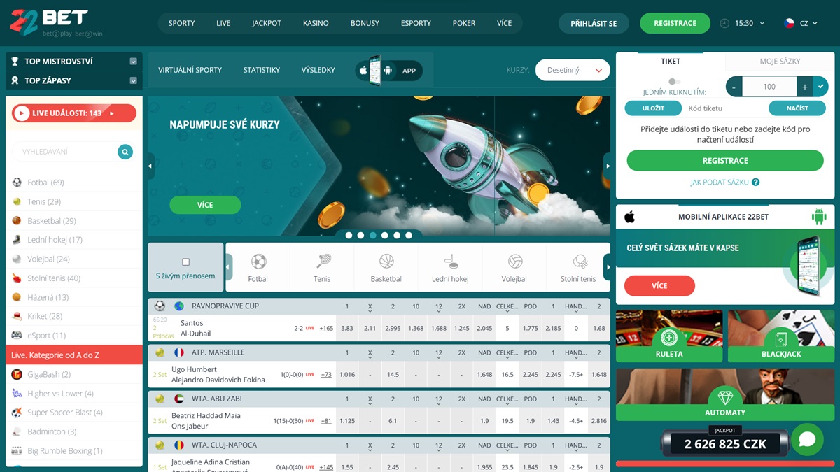 22BET sázková kancelář náhled webu