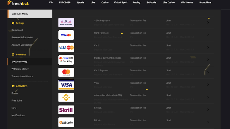 Ein- und Auszahlungen auf der Freshbet-Plattform