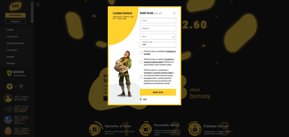 Registrierungsformular des Online Casinos ZetCasino mit ausgewähltem Willkommensbonus