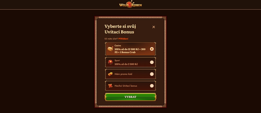 Registrierungsfenster des Wild Robin Casinos