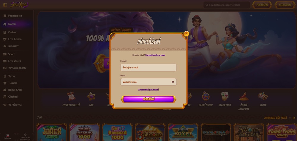 Anmeldefenster im Casino Abu King
