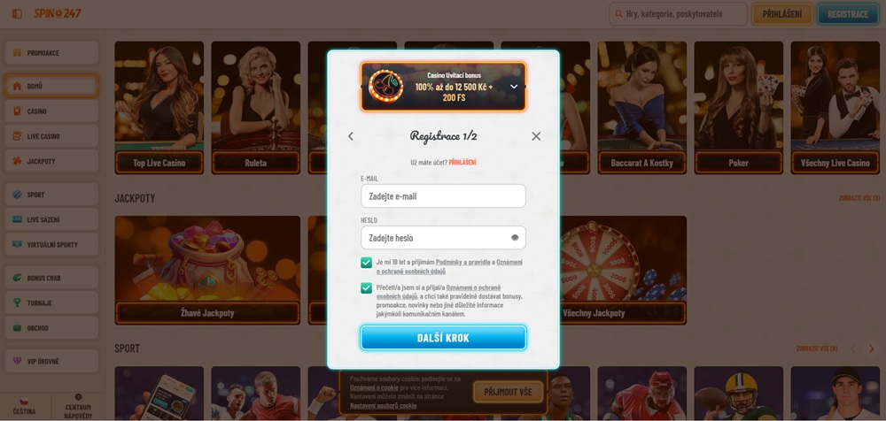 Fenster für die Registrierung im Casino Spin247
