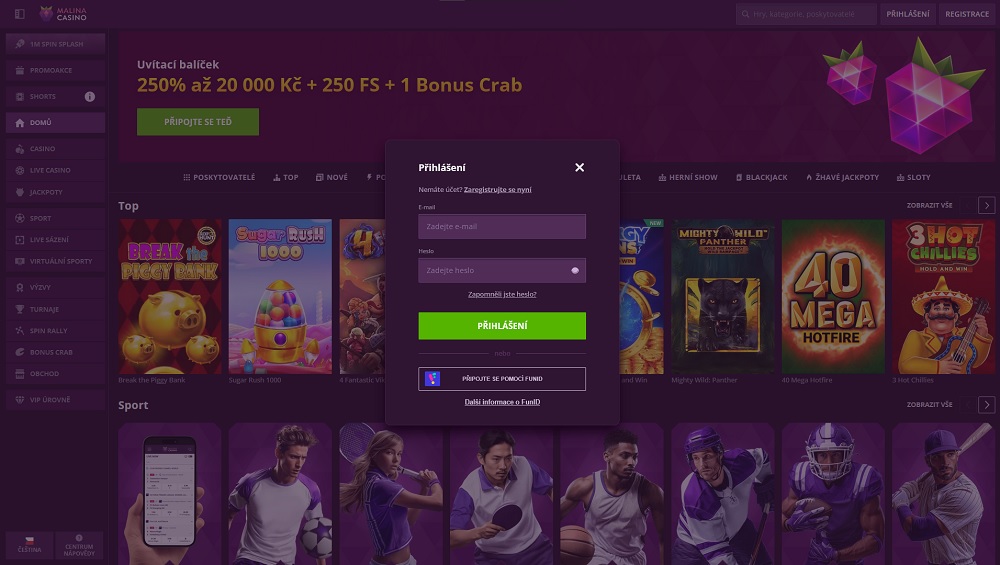 Vorschau des Anmeldeformulars im Online Casino und beim Buchmacher Malina Casino mit der Möglichkeit, FunID zu nutzen