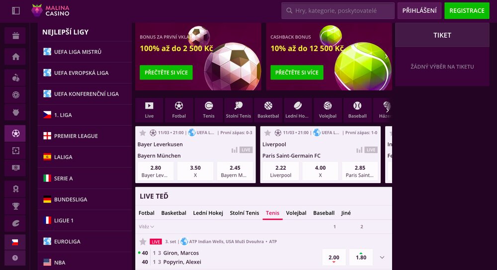 Angebot an Quoten und Willkommensbonus bei der Wettplattform Malina Casino