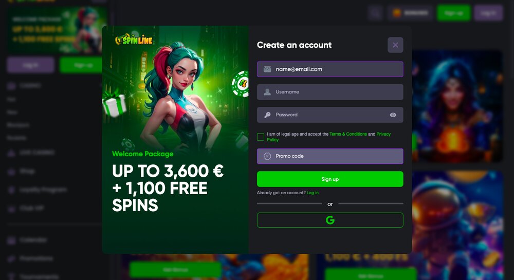 Anmeldung im Spinline Casino mit Promo-Code