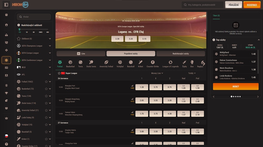 Vorschau einer Webseite voller Sportereignisse zum Wetten beim Buchmacher Neon54