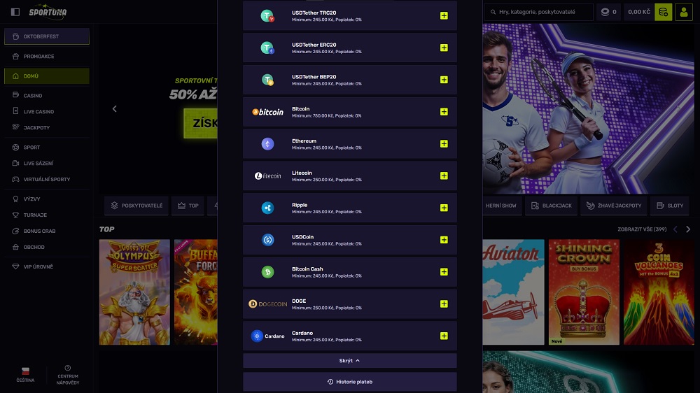 Vorschau einer Auswahl an Kryptowährungen für Einzahlungen im Online Casino und beim Buchmacher Sportuna